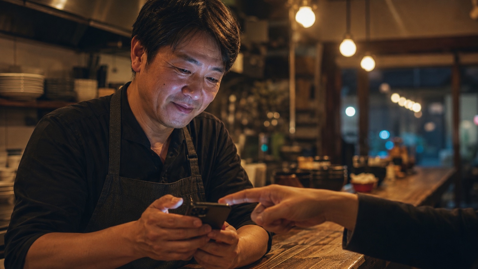 店主にスマートフォンの画面を示しながら説明する様子
